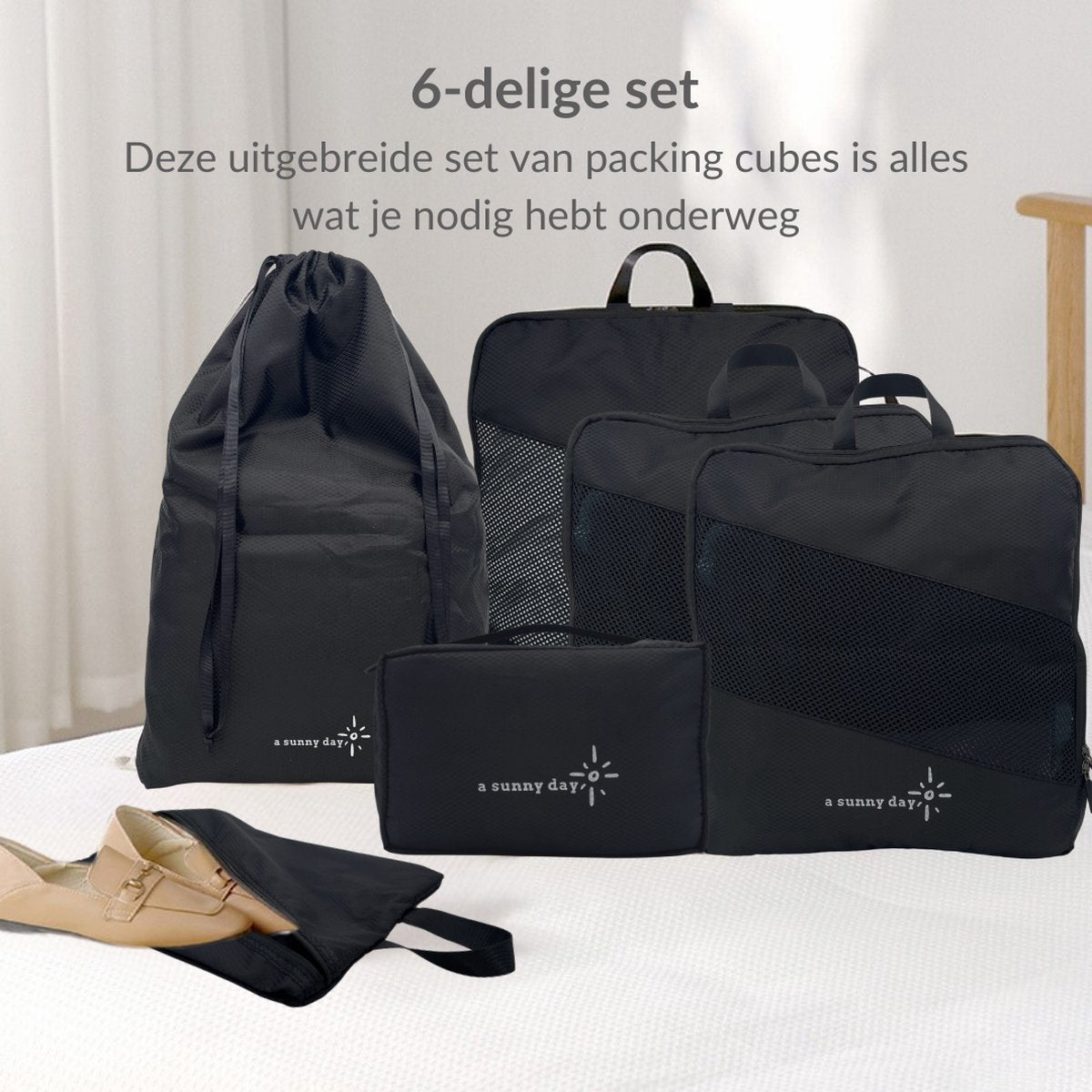 Packing cubes met compressierits - 6-delig - zwart