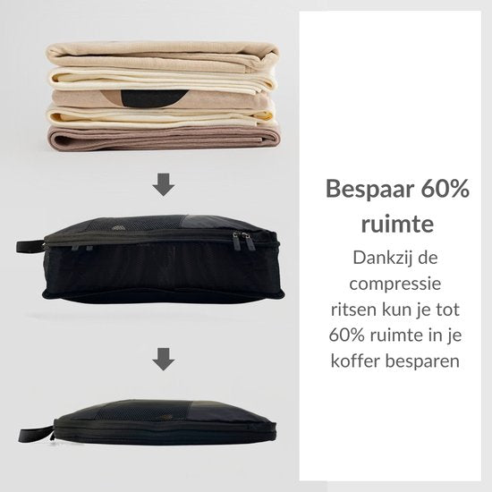 Packing cubes met compressierits - 6-delig - zwart