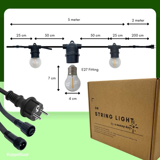 5 meter lichtsnoer + 2 meter aansluitsnoer inclusief 10 LED lampen
