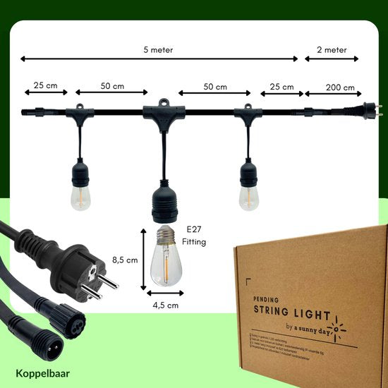 5 meter lichtsnoer met 10 peervormige LED lampen + 2 meter aansluitsnoer