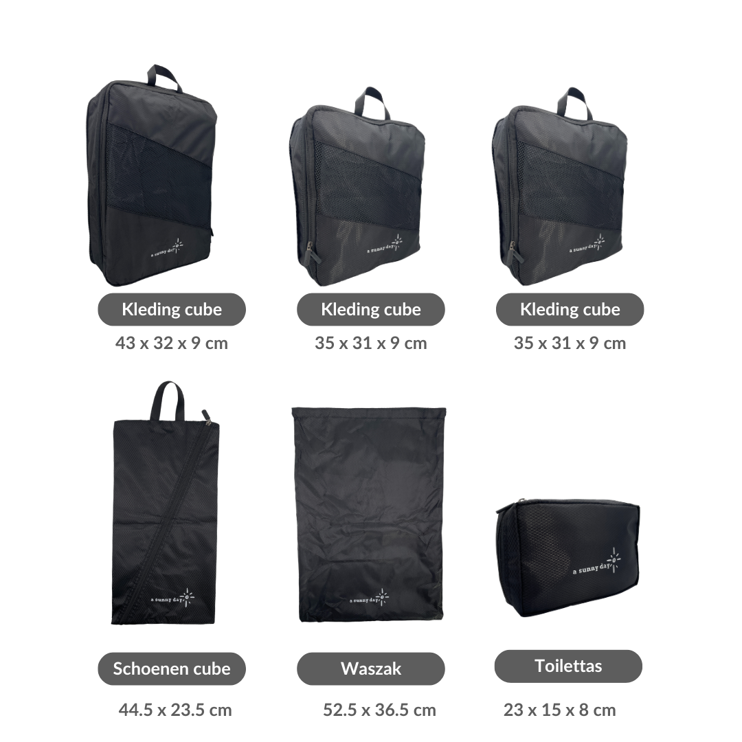 Packing cubes met compressierits - 6-delig - zwart