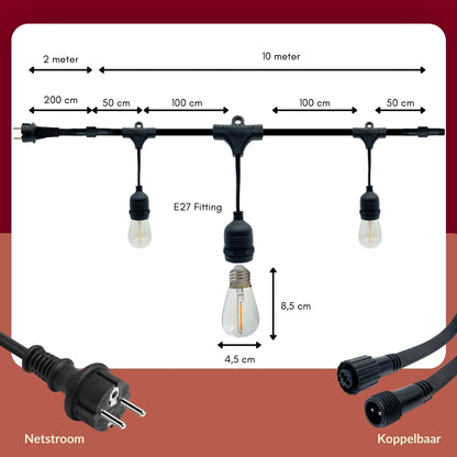 10 meter lichtsnoer met 10 peervormige LED lampen + 2 meter aansluitsnoer