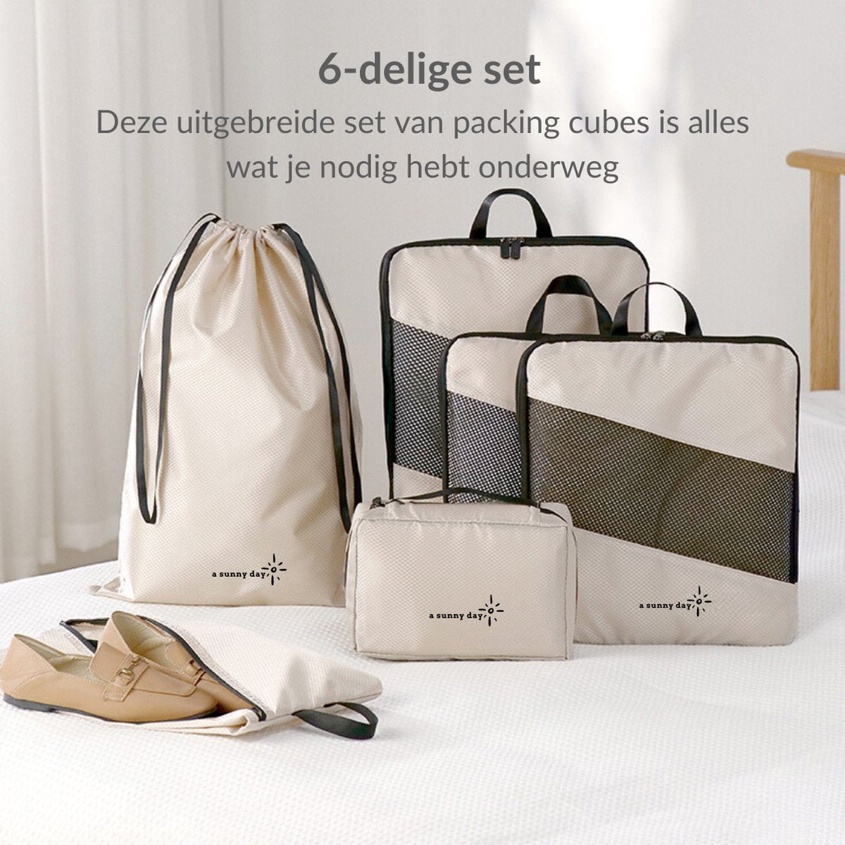Packing cubes met compressierits - 6-delig - beige