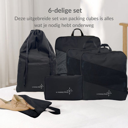 Packing cubes met compressierits - 6-delig - zwart