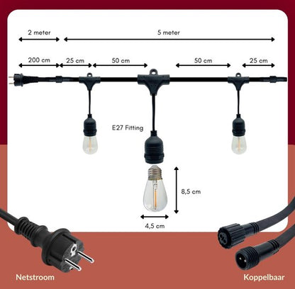 5 meter lichtsnoer met 10 peervormige LED lampen + 2 meter aansluitsnoer