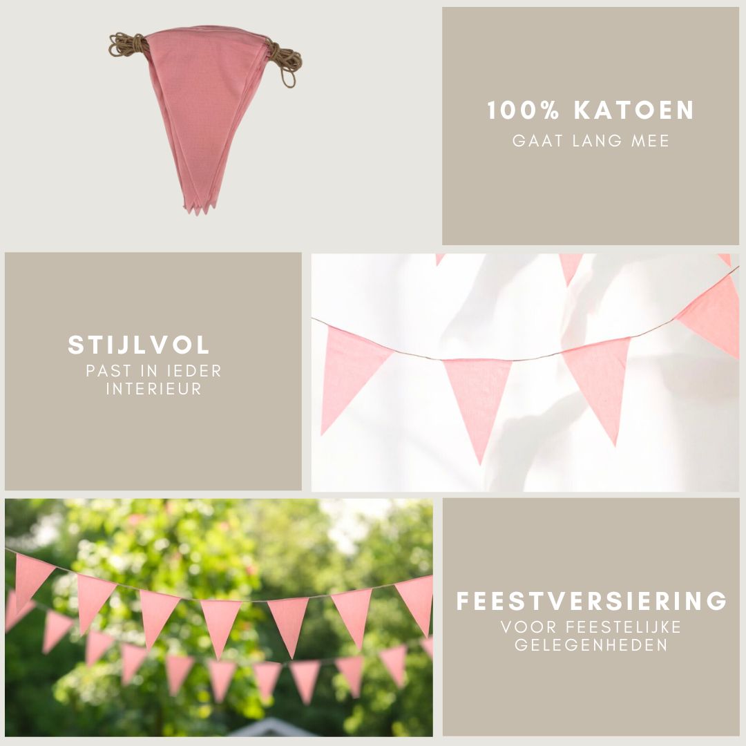 Katoenen vlaggetjes - roze - 10 meter vlaggenlijn