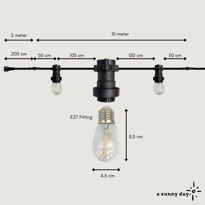 10 meter professioneel lichtsnoer met 10 peervormige LED lampen + 2 meter aansluitsnoer