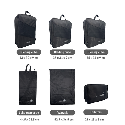 Packing cubes met compressierits - 6-delig - zwart