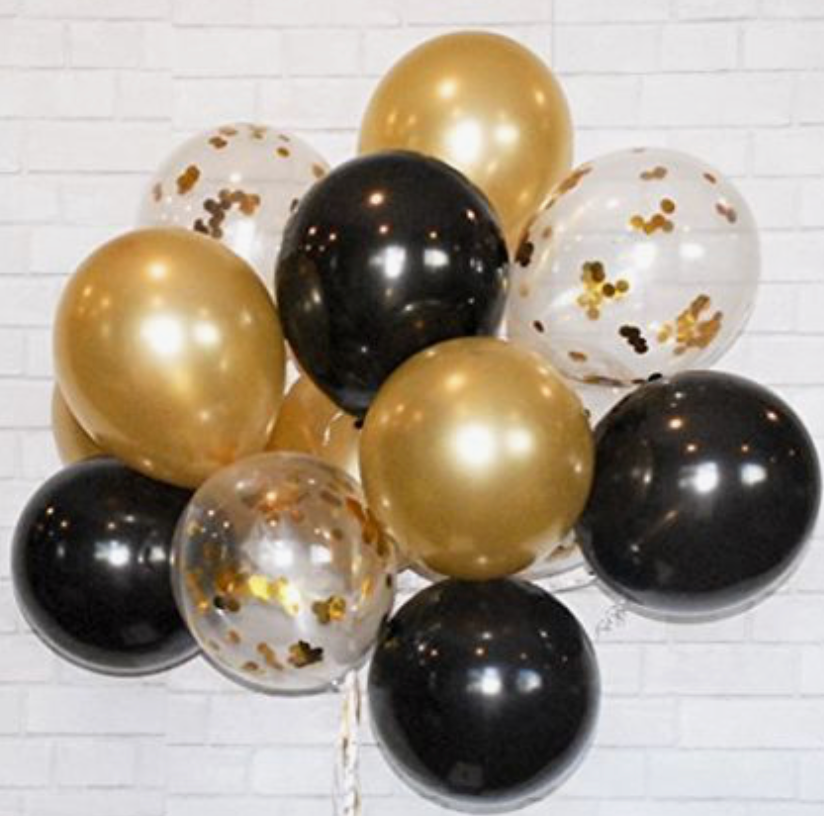 30 ballonnen in de kleuren goud, zwart en confetti goud