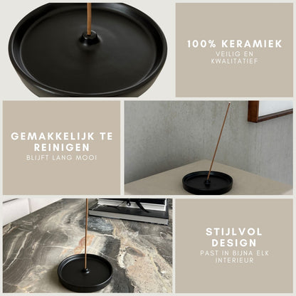 Wierookhouder - keramiek - zwart - rond - Ø13 cm