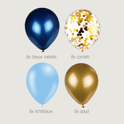 32 ballonnen in de kleuren lichtblauw, donkerblauw en goud