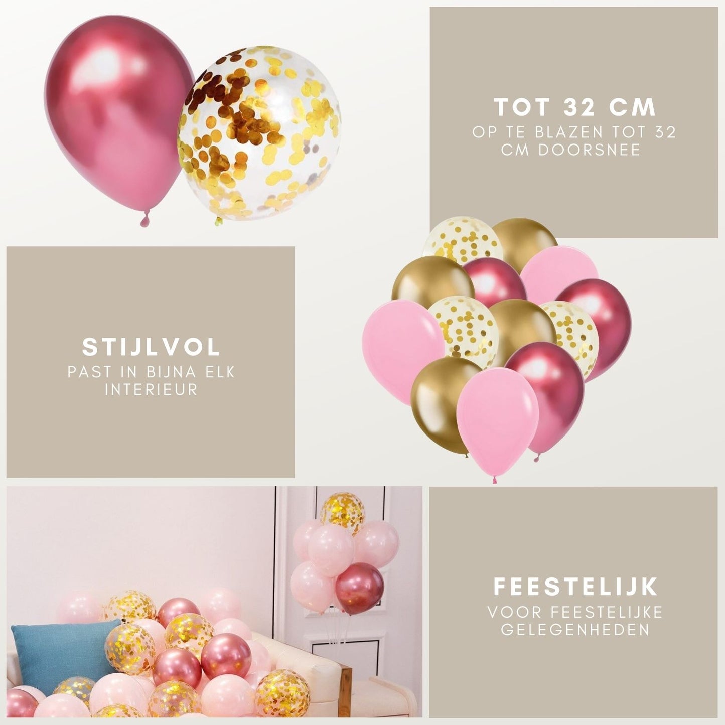 32 ballonnen in de kleuren lichtroze, roze en goud