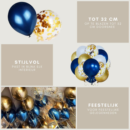 32 ballonnen in de kleuren lichtblauw, donkerblauw en goud