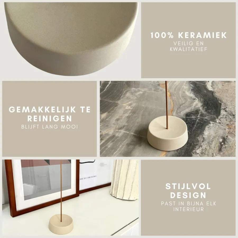 Wierookhouder - keramiek - beige - rond - Ø7,5 cm