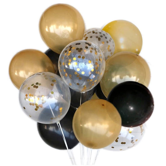 30 ballonnen in de kleuren goud, zwart en confetti goud