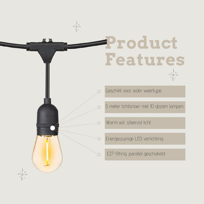 5 meter lichtsnoer met 10 peervormige LED lampen + 2 meter aansluitsnoer
