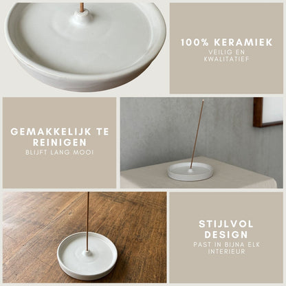 Wierookhouder - keramiek - wit - rond - Ø13 cm