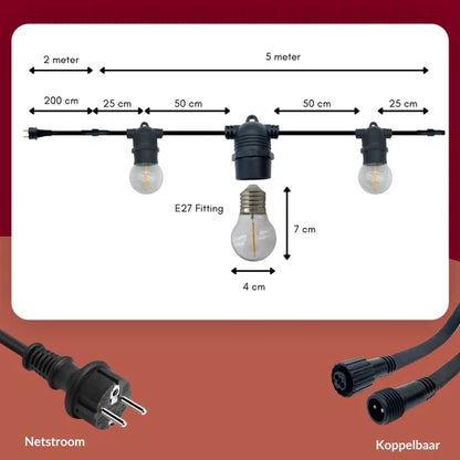 5 meter lichtsnoer + 2 meter aansluitsnoer inclusief 10 LED lampen